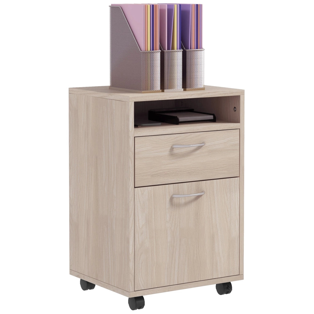 Cassettiera da Ufficio 2 Cassetti e Ripiano Portadocumenti 40x35x60 cm in Legno e Metallo Rovere