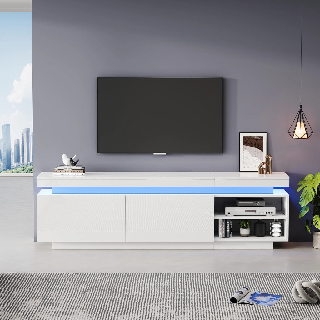 Mobile TV moderno con LED e vani contenitore; 170x35x50 cm; bianco lucido