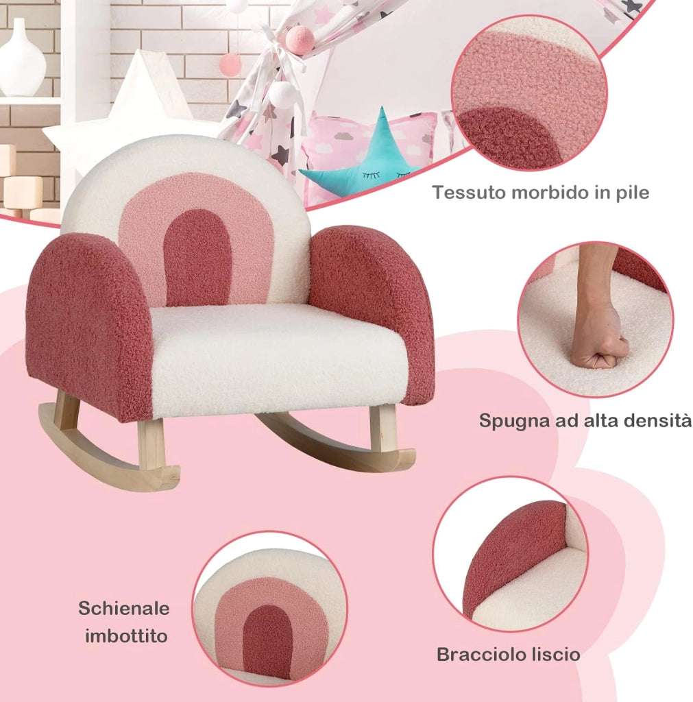 Sedia a Dondolo per Bambini con Gambe in Legno Massello, Poltrona per Bambini di 3-5 Anni, Divanetto Singolo Imbottito per Cameretta, 50,5 x 49 x 50,5 cm, Portata 50 kg (Rosso)