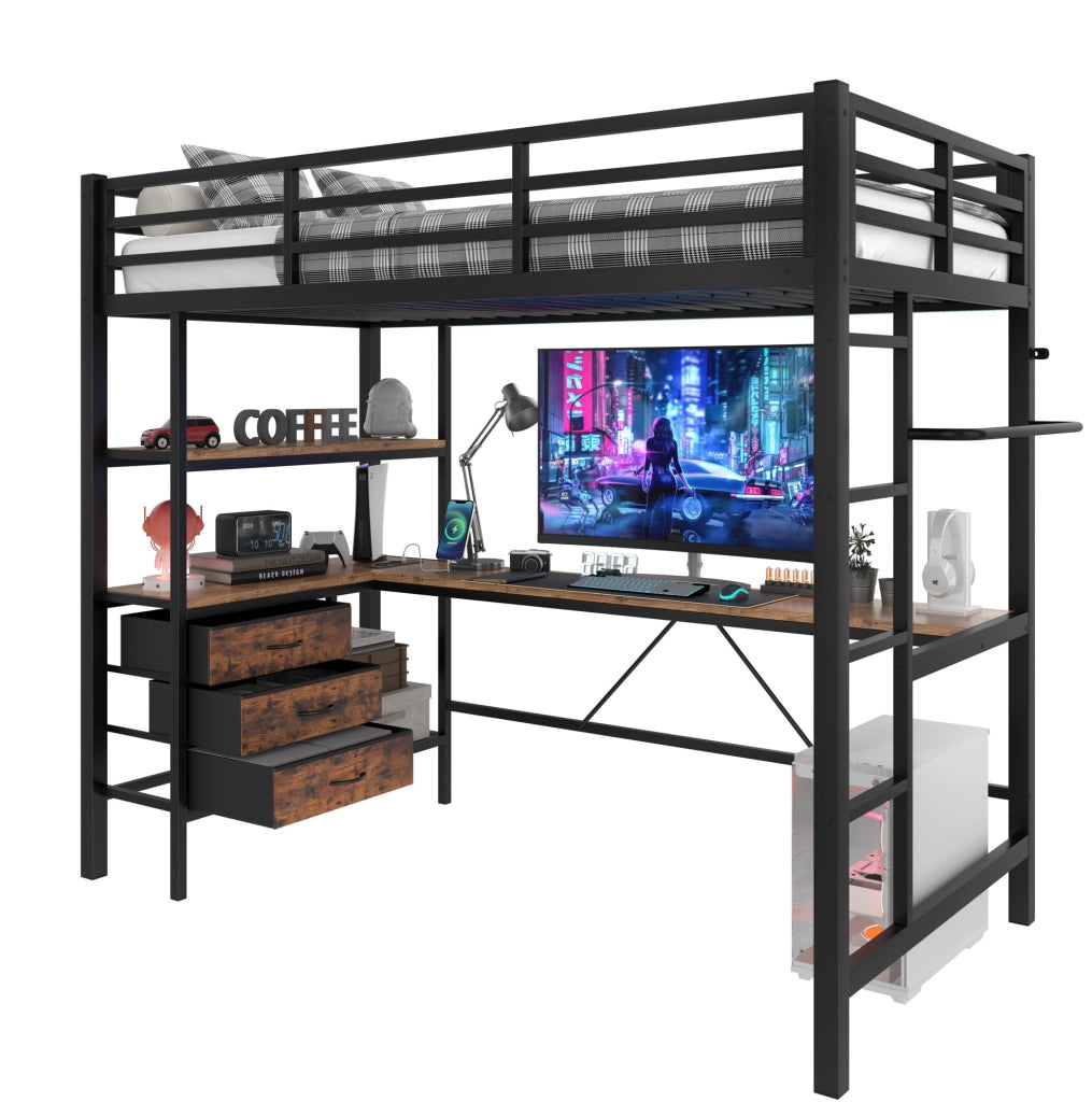 Letto a soppalco 90x200 cm con scrivania, LED e cassetti