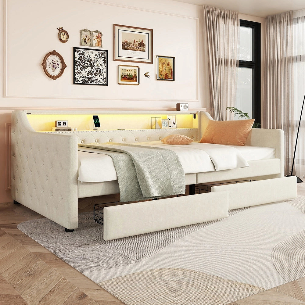 Letto a cassetti - Xylo - 90x200 cm - Lino Beige - Luci ambientali telecomando