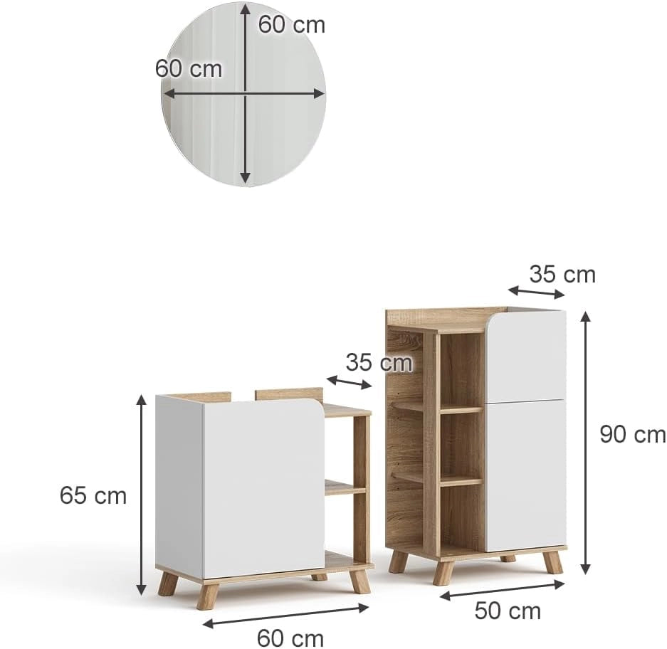 Set di mobili da bagno Karen, Sonoma/Bianco, 60 cm, composto da mobile sottolavabo, specchiera e mobile medio