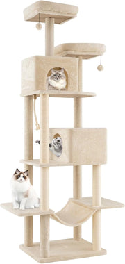 Albero per Gatti da Interno Alto 205 cm, Tiragraffi per Gattini con 2 Condomini, 2 Postazioni Soffici, Tiragraffi & Corda, Giochi Pendenti, Amaca e Piattaforme per Salti, Mobile per Gatti