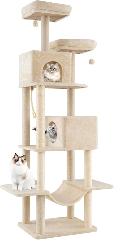 Albero per Gatti da Interno Alto 205 cm, Tiragraffi per Gattini con 2 Condomini, 2 Postazioni Soffici, Tiragraffi & Corda, Giochi Pendenti, Amaca e Piattaforme per Salti, Mobile per Gatti
