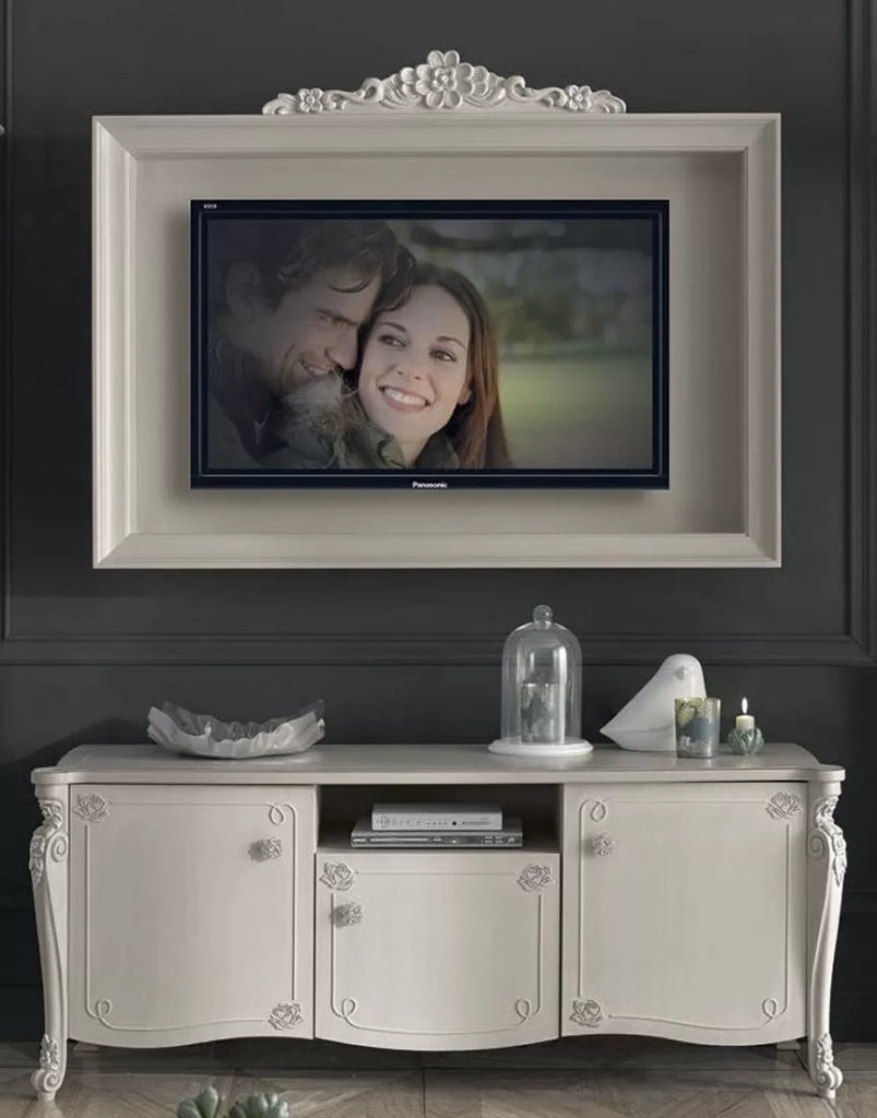 Parete attrezzata in legno shabby chic rilievo bianco opaco - Mobili 2G