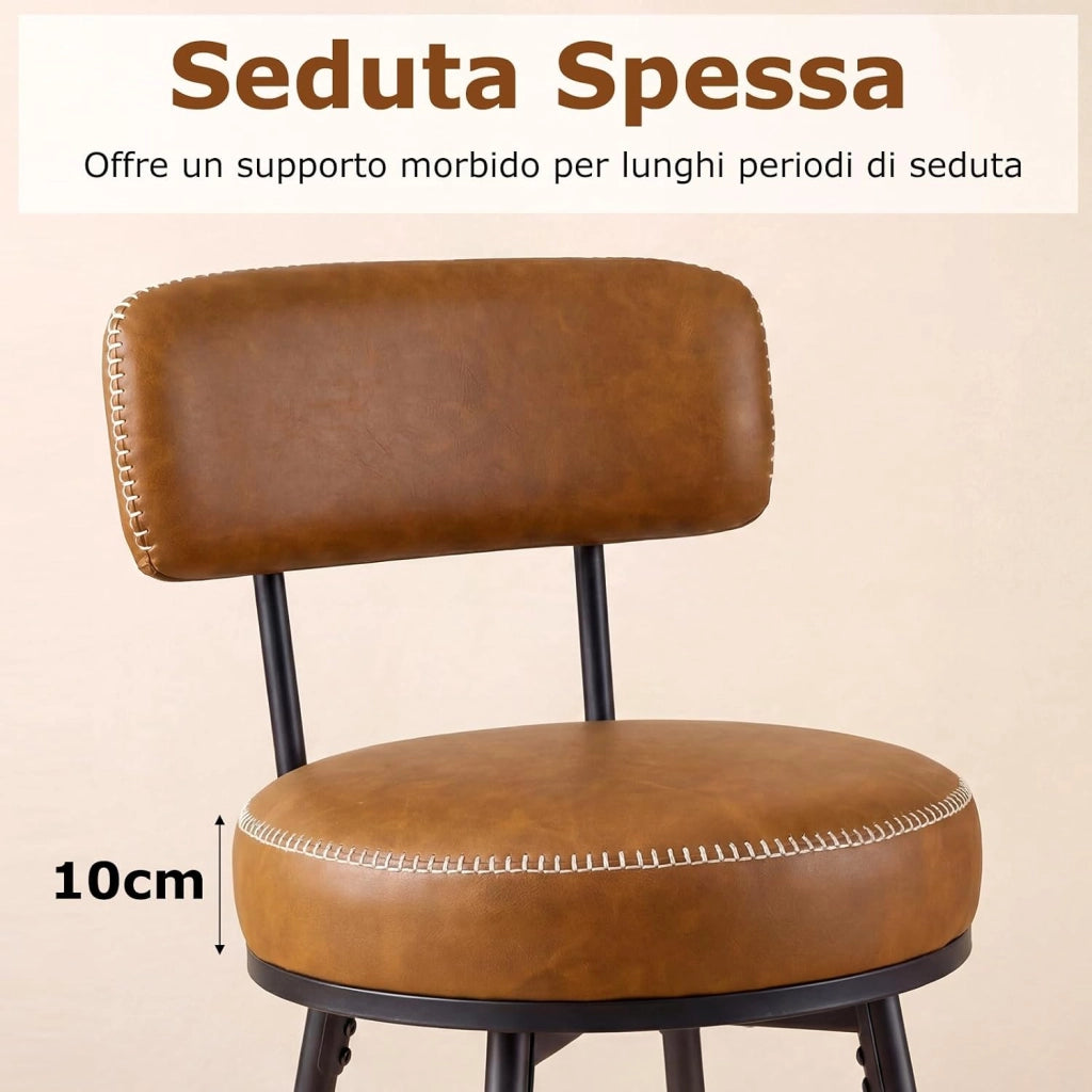 Set di 2 Sgabelli Girevoli, Sedie da Bar Moderne con Schienale Imbottito, Poggiapiedi e Gambe in Metallo, Sgabelli Imbottiti in Similpelle per Isola Cucina e Sala da Pranzo (Marrone, Rotondo)