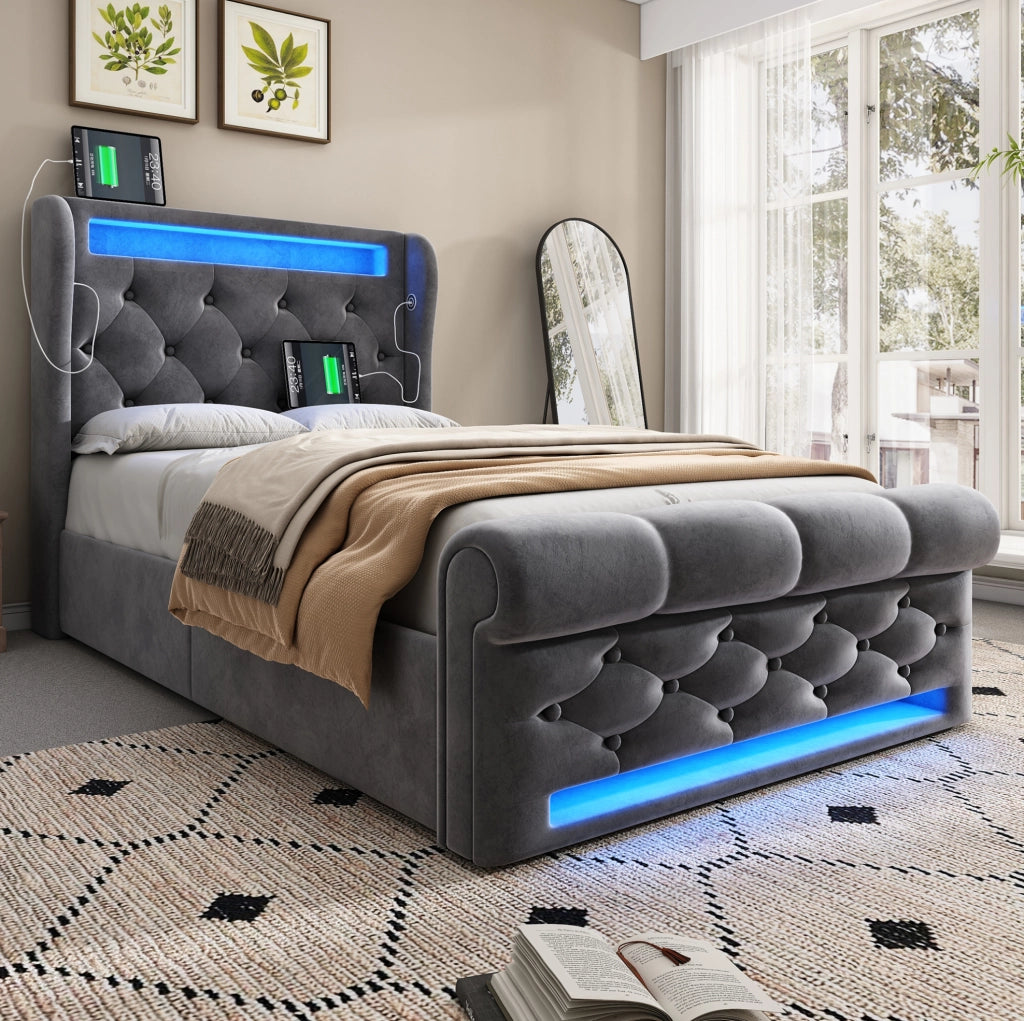 Letto imbottito 90x200 cm grigio con materasso, LED, USB-C e vano contenitore