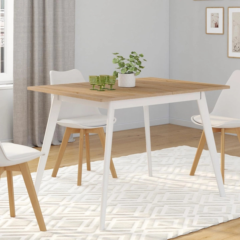Tavolo rettangolare allungabile scandinavo INGA, 4-8 persone, piano in legno, gambe bianche 110-150 cm