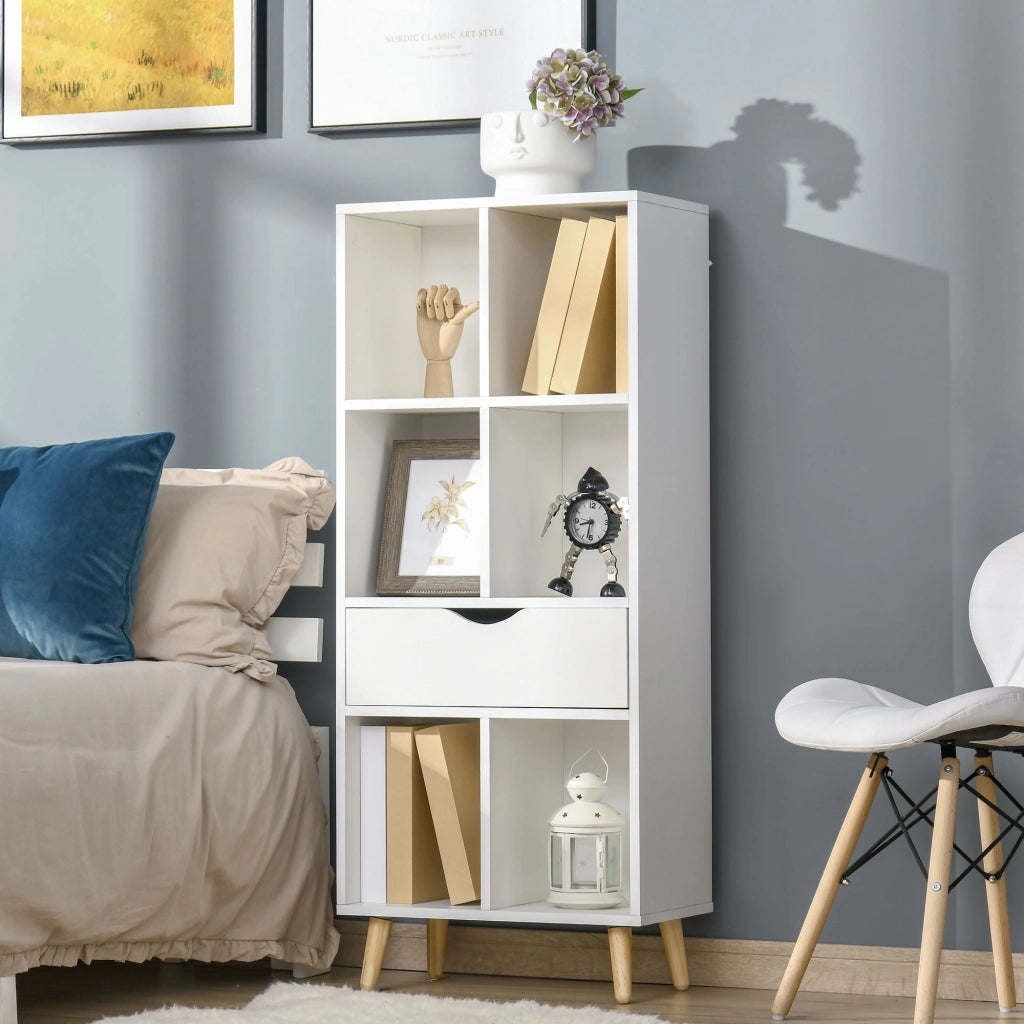 Libreria con cassetto e gambe in legno 6 scomparti aperti ¨C zephmum ¨C 50x29.5x120 cm bianco