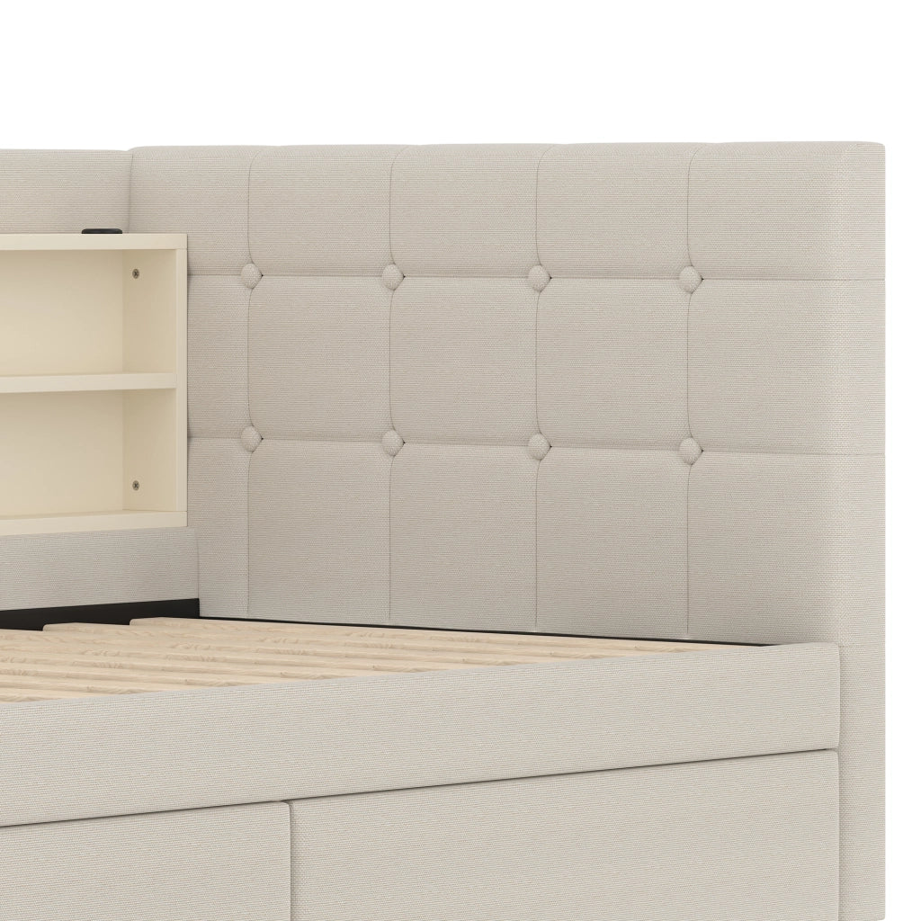 OKWISH Letto Divano 90×200 cm, Letto Singolo con 2 Cassetti, USB, Tipo C e Mensole, senza Materasso, in Lino, Beige