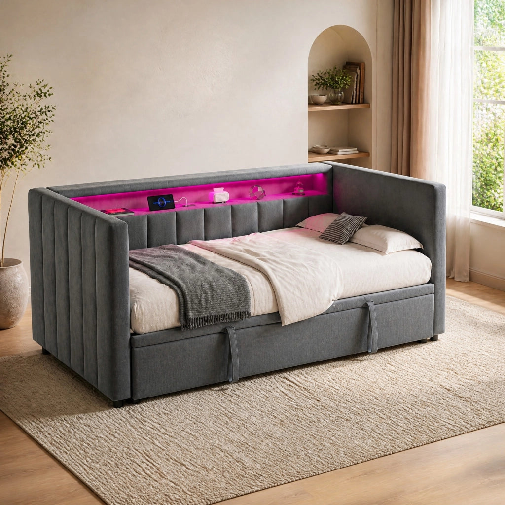 Divano letto estraibile 90x190 cm con LED; USB Type-C; velluto grigio scuro