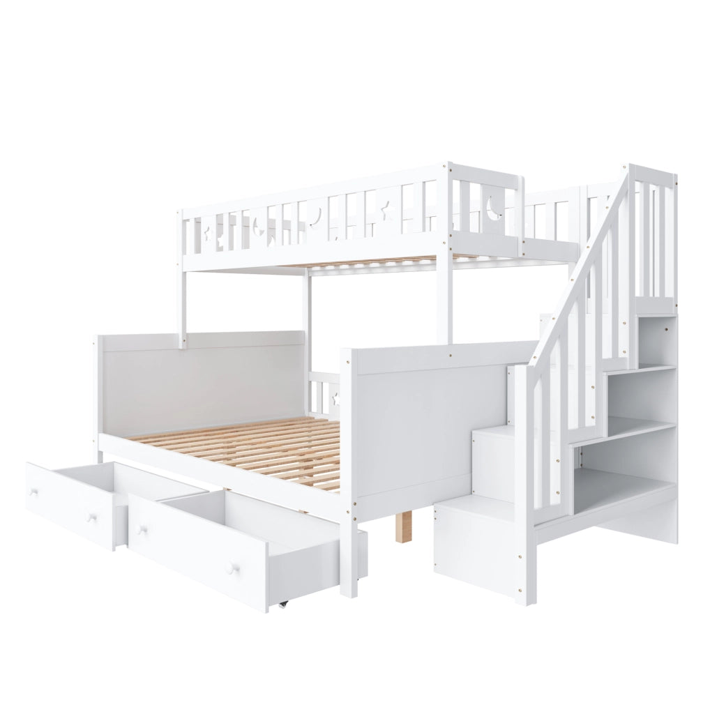 Letto a castello per bambini 90x200 cm e 140x200 cm con scala contenitore; cassetti; bianco