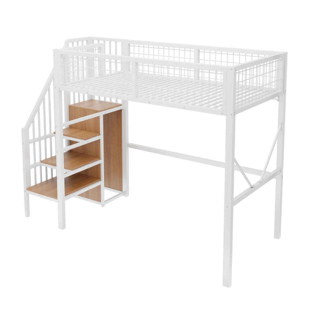 Letto a soppalco 90x200 cm con LED e scala contenitore in metallo bianco