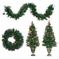 Decorazioni Natalizie, Set 4 Pezzi con 2 Alberelli di Natale Φ40x90 cm, Ghirlanda Natalizia e Corona di Natale