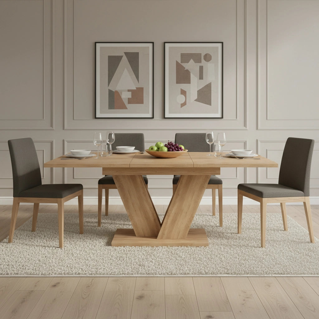 Tavolo da pranzo allungabile 140/180 x 80 cm, 4-8 posti, effetto rovere, gambe a V in metallo