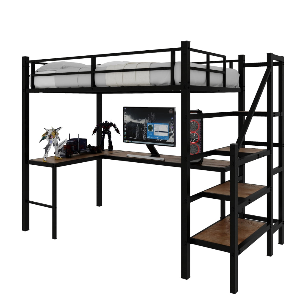 Letto a soppalco con scrivania a L, scala e parapetti, 90x190 cm