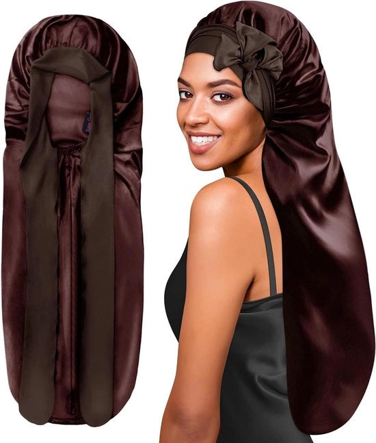 Sleeve in Seta Extra Lunga con Cintura Larga per Donne con Capelli Ricci - Fascia Notturna in Seta per Capelli Lunghi Naturali, Trecce, Parrucche, Trecce e Dreadlocks - Colore Cioccolato