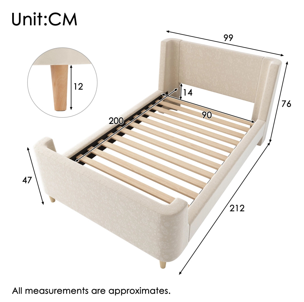 Letto singolo a slitta 90x200 cm in velluto beige con motivo spaziale per ?????ini