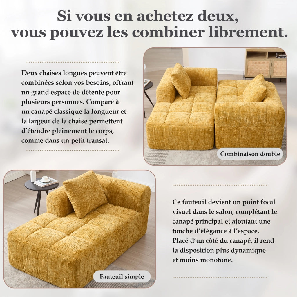 Chaise Longue con Cuscino e Tasche Laterali; Seduta Imbottita in Ciniglia Giallo; 158 × 90 × 60 cm