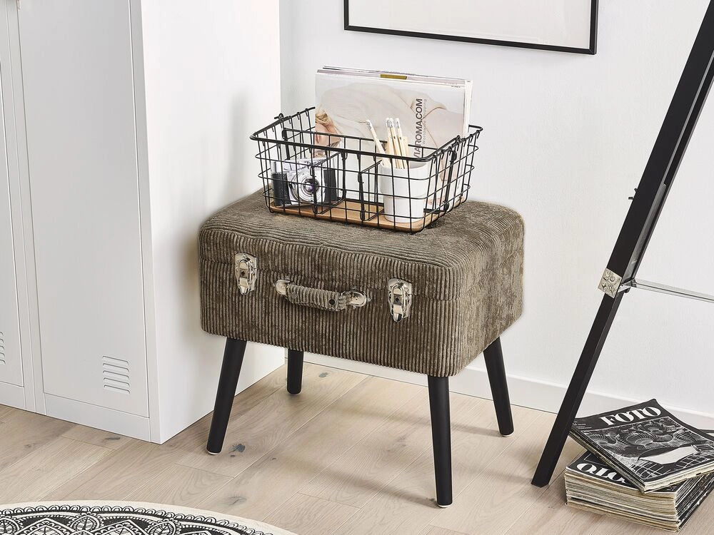 Comodino Sgabello Contenitore Marrone Chiaro gambe imbottite in velluto a coste Nero valigia design con bottoni