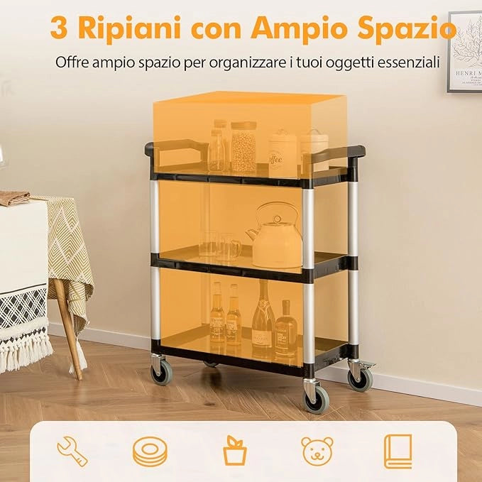 Carrello Portautensili Attrezzi a 3 Livelli, Carrello di Servizio da Officino con Rutoe Bloccabili, Doppie Maniglie e Struttura Robusta in Alluminio, Portata 225kg, per Magazzino e Cucina