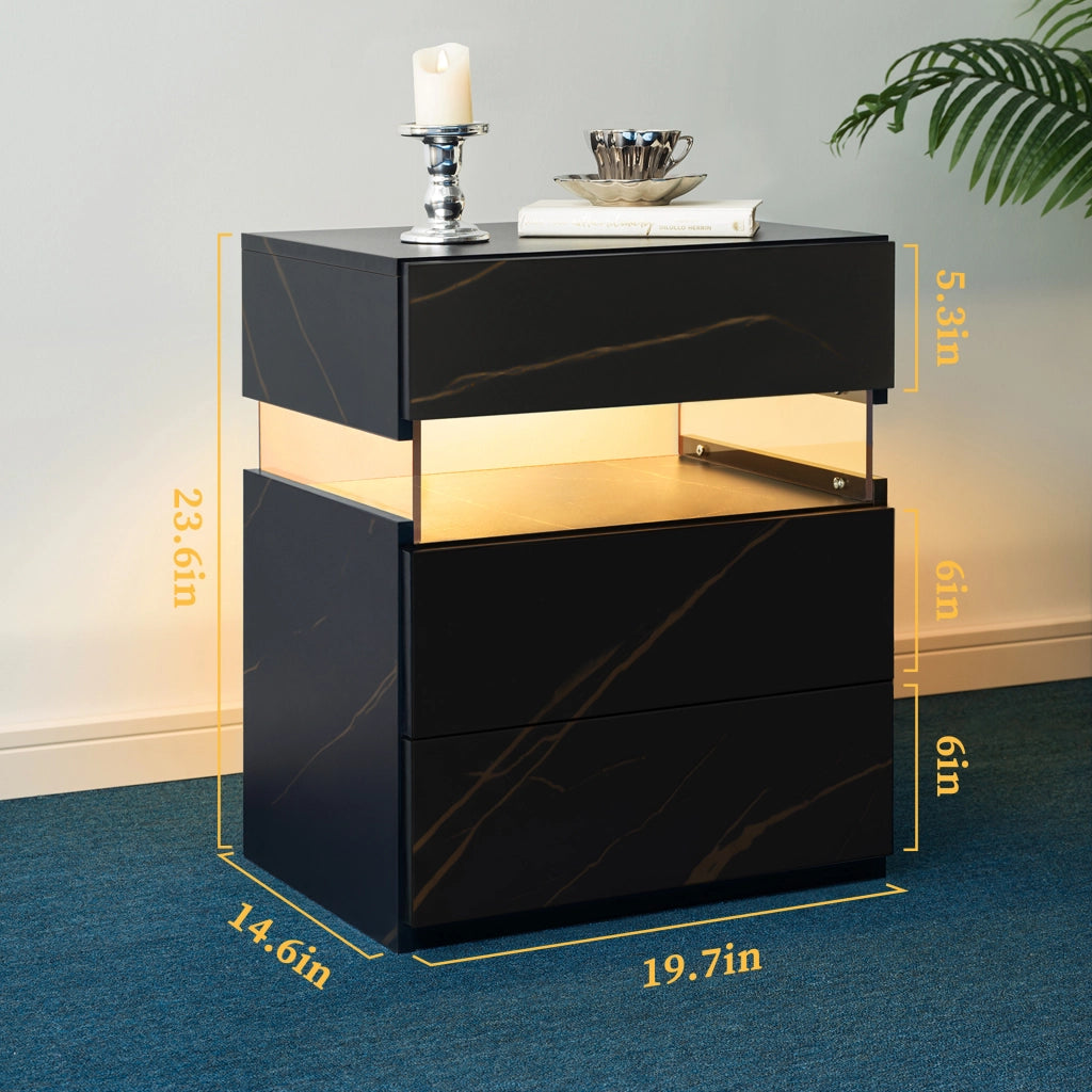 Comodino con 3 cassetti e LED con pannello acrilico per camera da letto e soggiorno; in legno ingegnerizzato; nero e oro