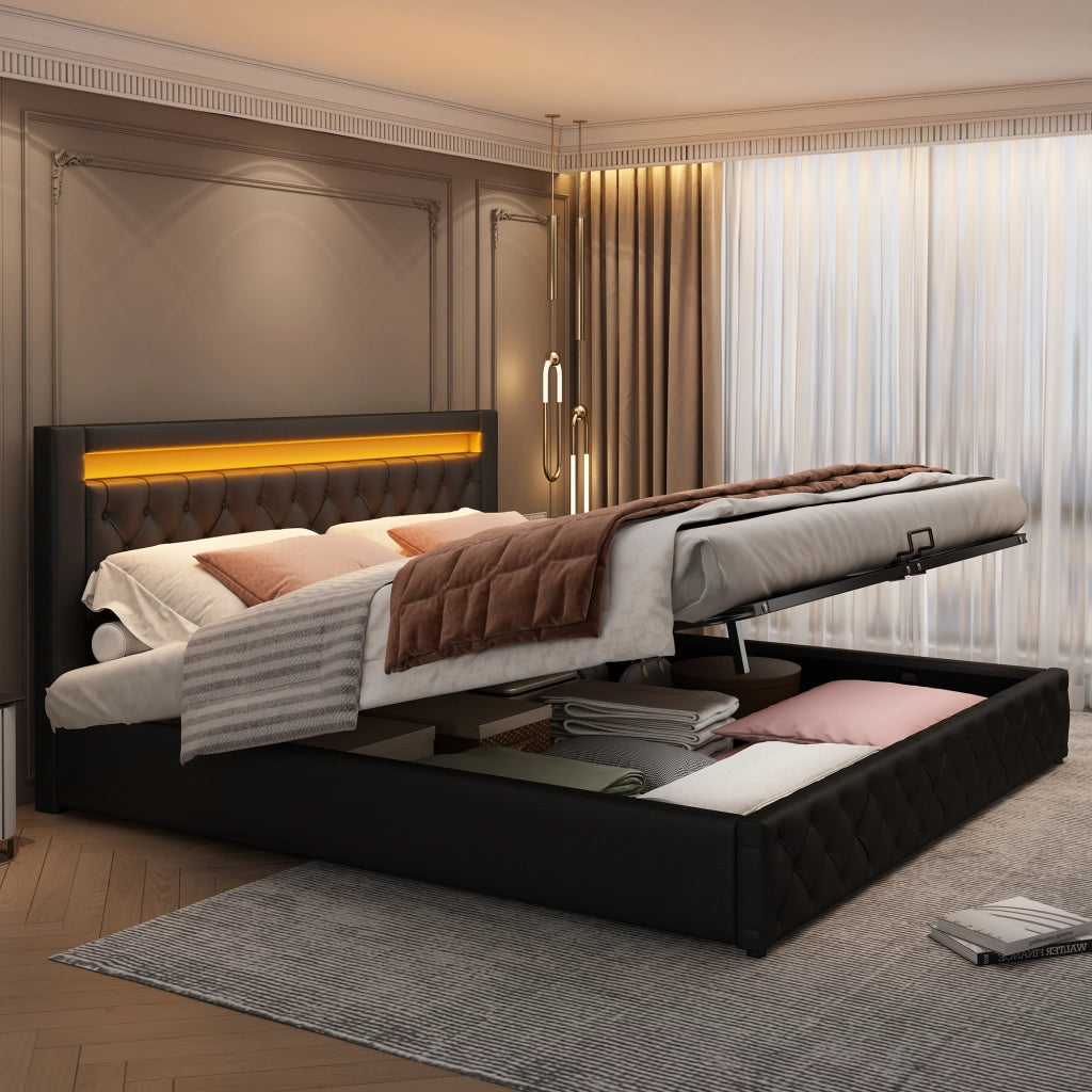 OKWISH Letto Contenitore 140×190 cm, Letto Matrimoniale con Contenitore Idraulico, LED Regolabile e Testiera, senza Materasso, in PU, Nero