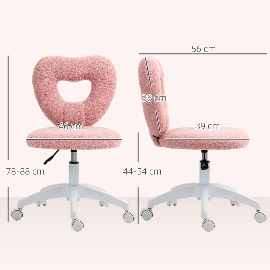 Sedia da ufficio girevole con altezza regolabile e schienale a cuore in tessuto teddy rosa per trucco e studio