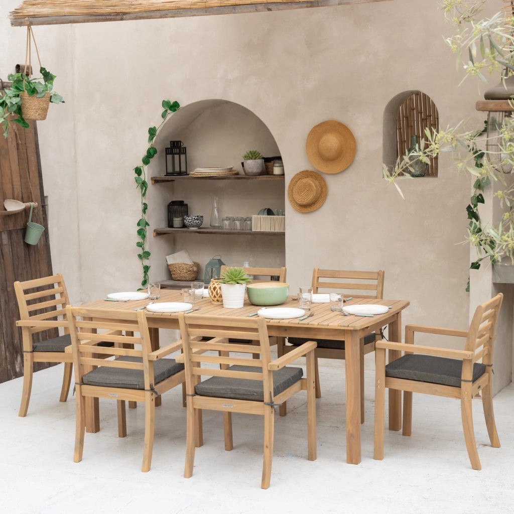 Set di mobili da giardino allungabili 180/240cm PADAR in legno di acacia 8 posti - cuscini grigi