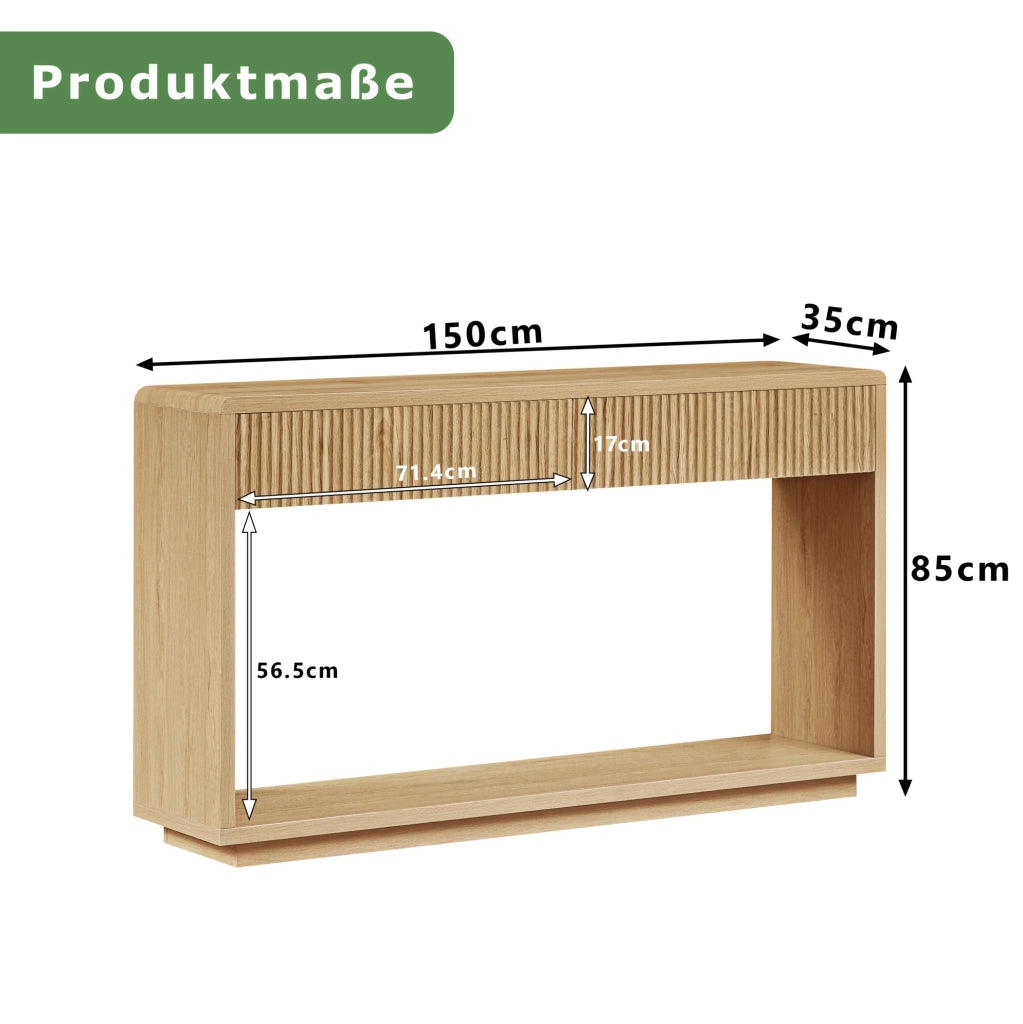Consolle da ingresso 150x35x85 cm con 2 cassetti e ripiano aperto; naturale