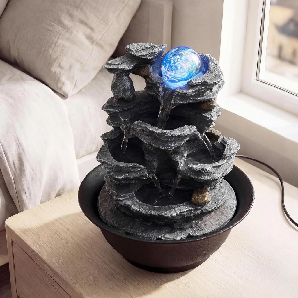 Fontana Zen da Interno, Fontana da Tavolo a Cascata con Luce LED, Pompa Silenziosa e Velocità dell'Acqua Regolabile, Fontanella Decorativa per Soggiorno, Ufficio e Camera da Letto (Modello 3)