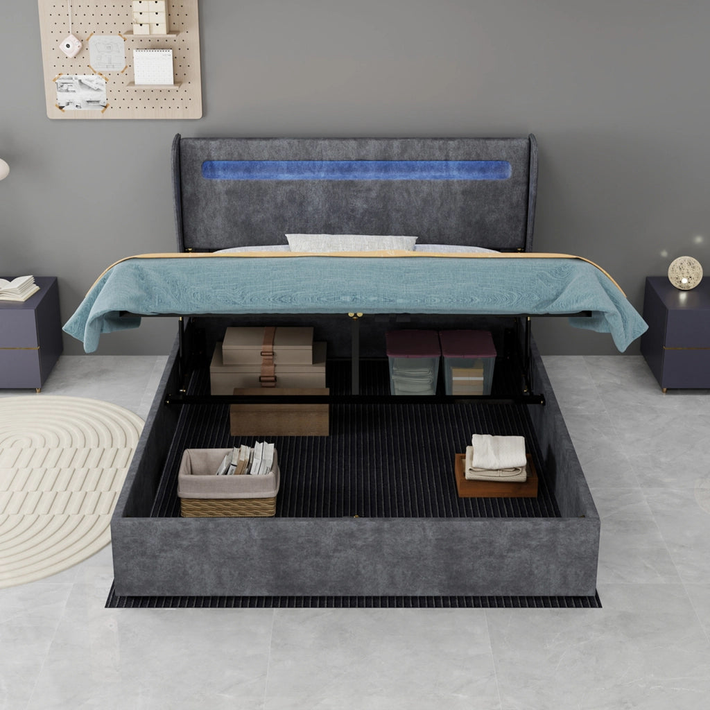 Letto matrimoniale 140x200 cm con testiera regolabile e illuminazione LED; grigio