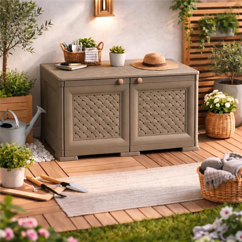 ARMADIO BASSO 79X43X46 CM CON ANTA TRAFORATA – MOBILE TV E CONTENITORE IN PLASTICA PER INTERNO ED ESTERNO COPERTO