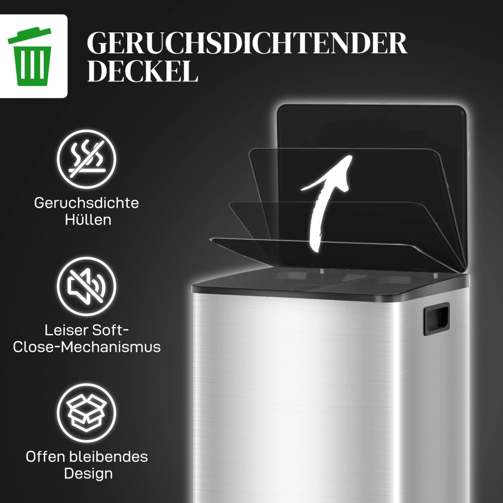 Bidone per Rifiuti 2x20L ¨C zephmum ¨C Coperchio Soft-Close, Antimpronte, Acciaio Inox, Argento
