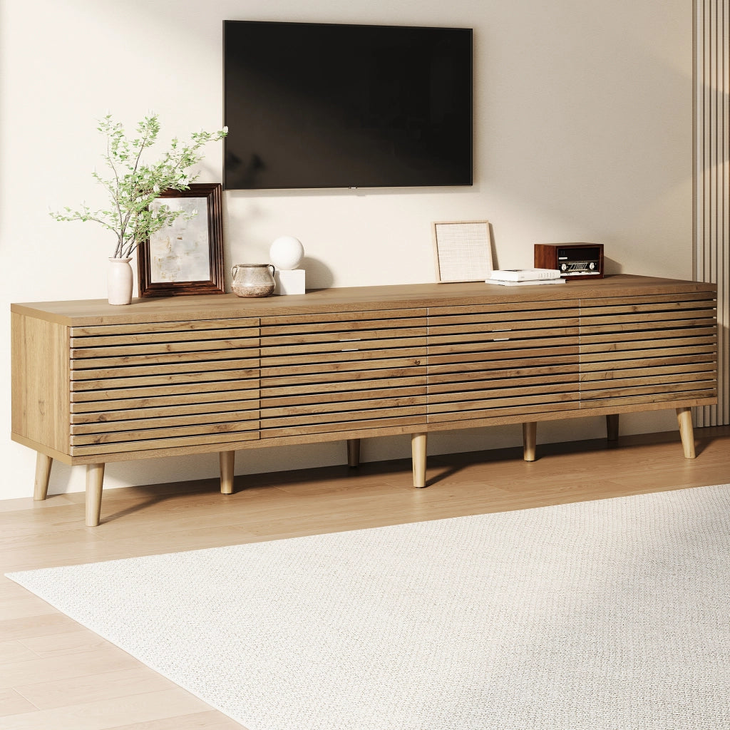 Mobile TV basso in legno naturale per TV fino a 75 pollici, con 4 ante a griglia, 180x40x46 cm