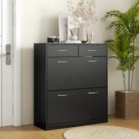 Mobile Scarpiera da 12 Paia con 2 Ripiani Interni Regolabili e 2 Cassetti, in Legno, 80x30x91.5 cm, Nero