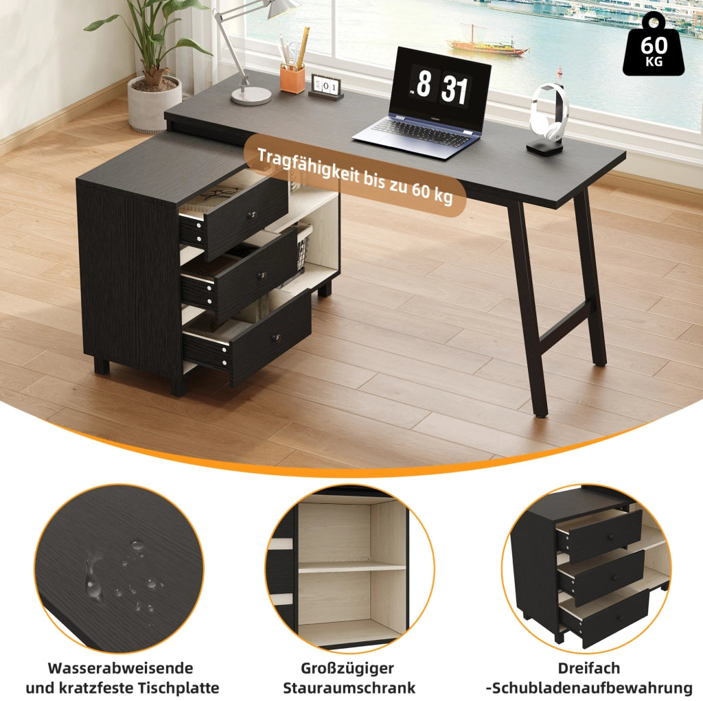 Scrivania angolare 150x100x76 cm con 3 cassetti e ripiani, nero e bianco