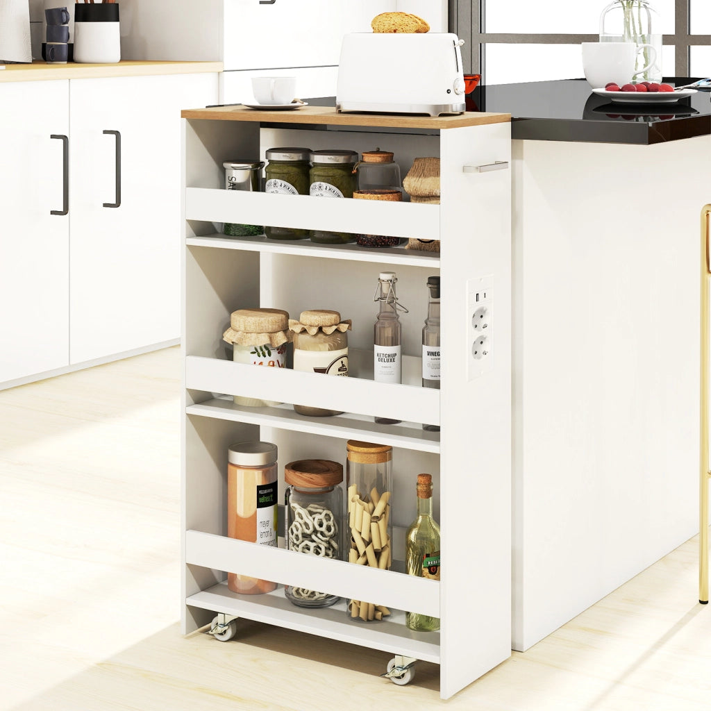 Carrello da cucina 4 ripiani con stazione di ricarica maniglia e parapetti, Carrello stretto a sfilo con ruote bloccabili per cucina lavanderia Bianco e naturale 20cm