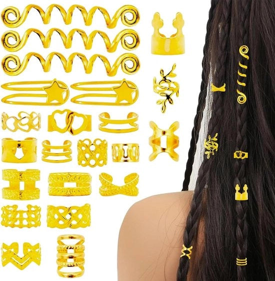 Accessori per capelli in oro a 103 pezzi - maniglie e anelli per capelli - metallo e oro - decorazioni per trecce - gioielli per donne