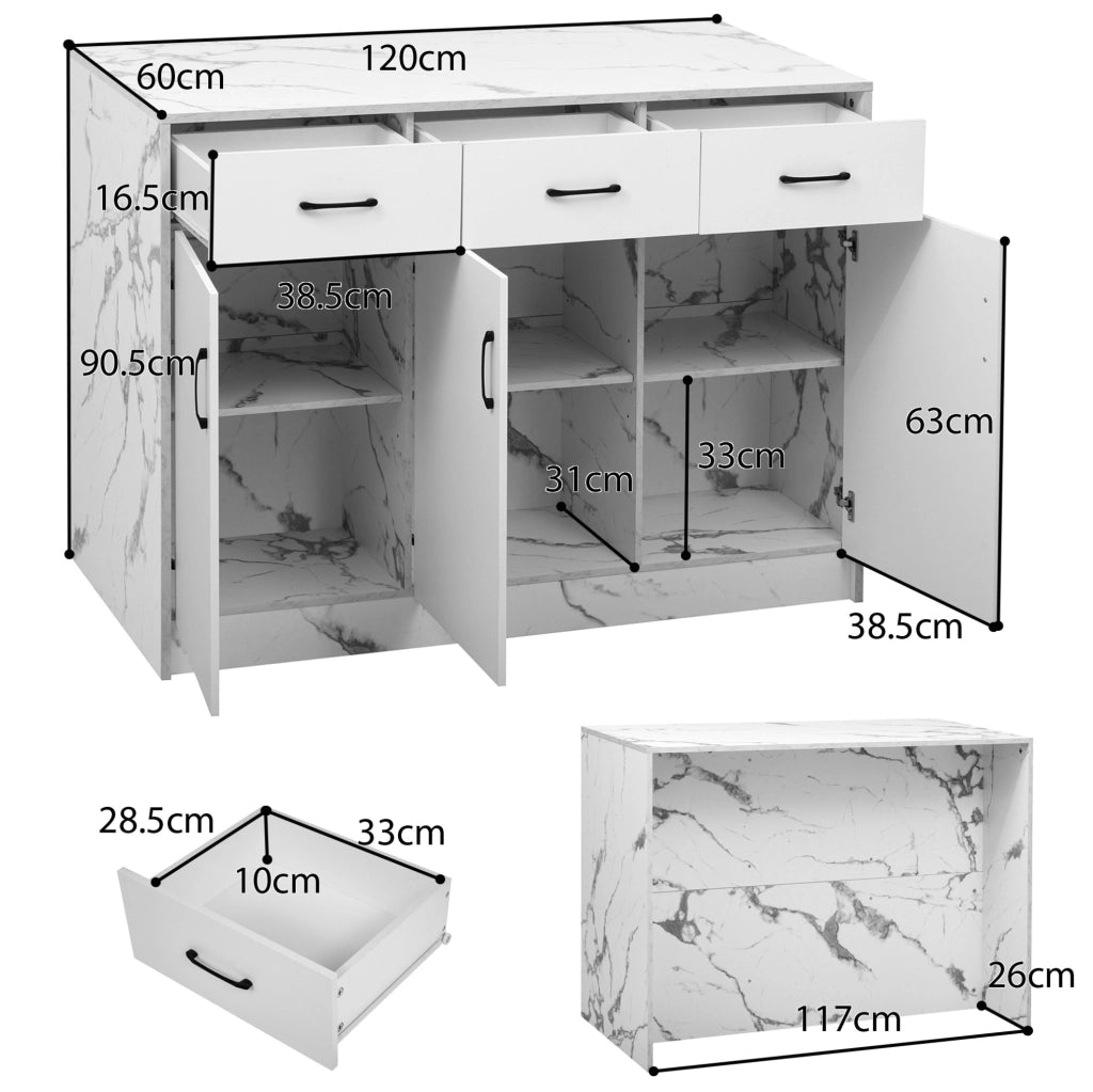 Isola da cucina 120x60x90.5 cm con bar integrato; 3 cassetti e 3 ante; MDF bianco marmo