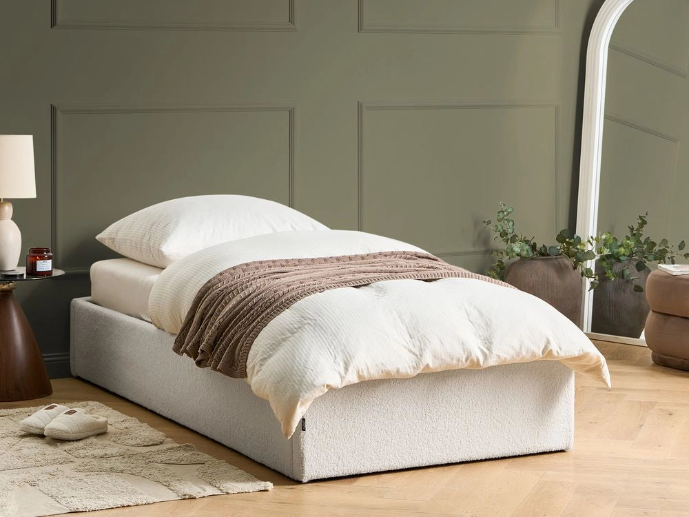 Letto singolo con contenitore in tessuto bouclè bianco sporco 90 x 200 cm portaoggetti stile moderno