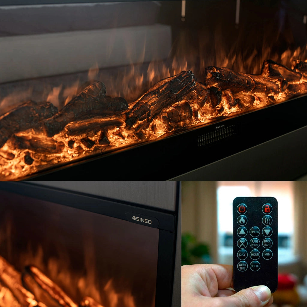 Sined Caminetto Etna Caminetto Elettrico Per Incassare Da 3 Metri Con Potenza 1500w Nero Grande Caminetto Elettrico Da Appoggio Da Interno Reale Effetto Fiamma Comandi Manuali e Telecomando
