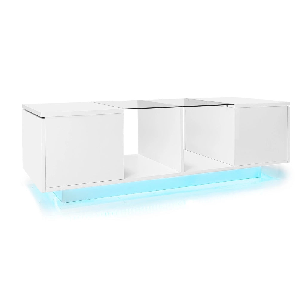 Tavolino da caffè moderno bianco 120 x 50 x 38;5 cm con LED e piano in vetro