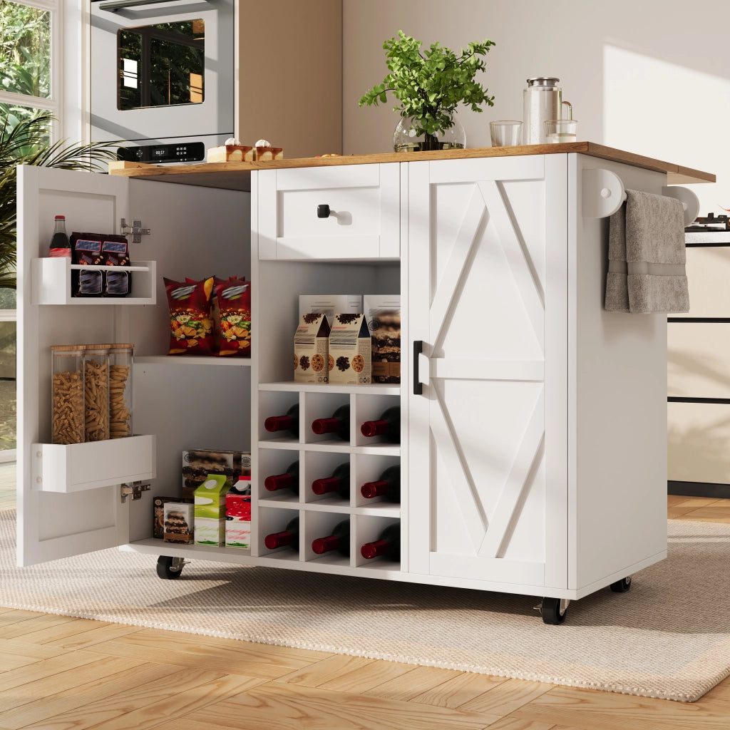 Isola cucina multifunzione bianca con piano ribaltabile, cassetto, vani laterali e armadio a 2 ante