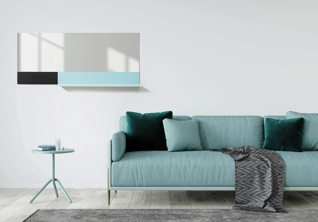 Specchio rettangolare orizzontale larghezza 120 cm con mensola in metallo verniciato azzurra