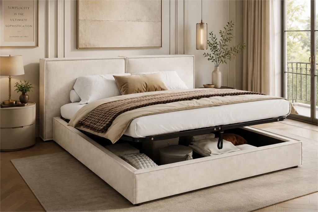 Letto matrimoniale 160x200 cm con contenitore idraulico, rete a doghe, testiera imbottita, rivestimento in chenille beige