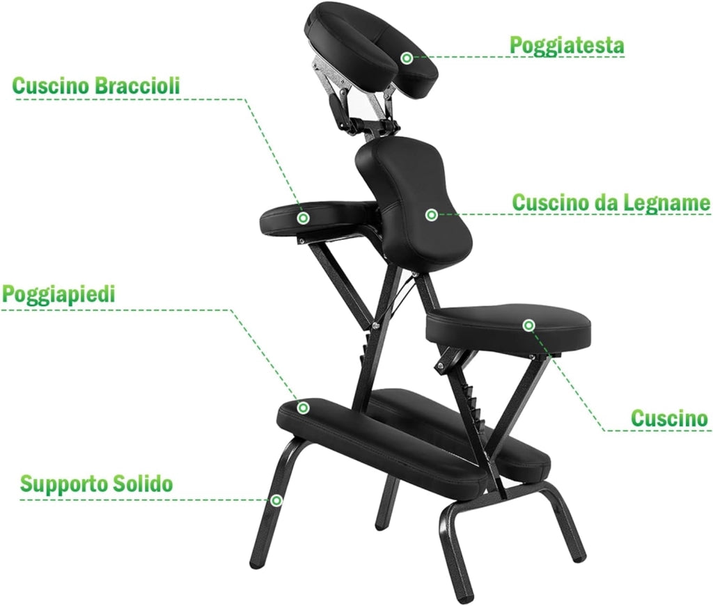 Sedia da Massaggio Pieghevole e Leggera, per Viaggi Tatuaggi e SPA, Sedia da Massaggio con Altezza Regolabile con Poggiatesta e Borsa da Trasporto (Nero)
