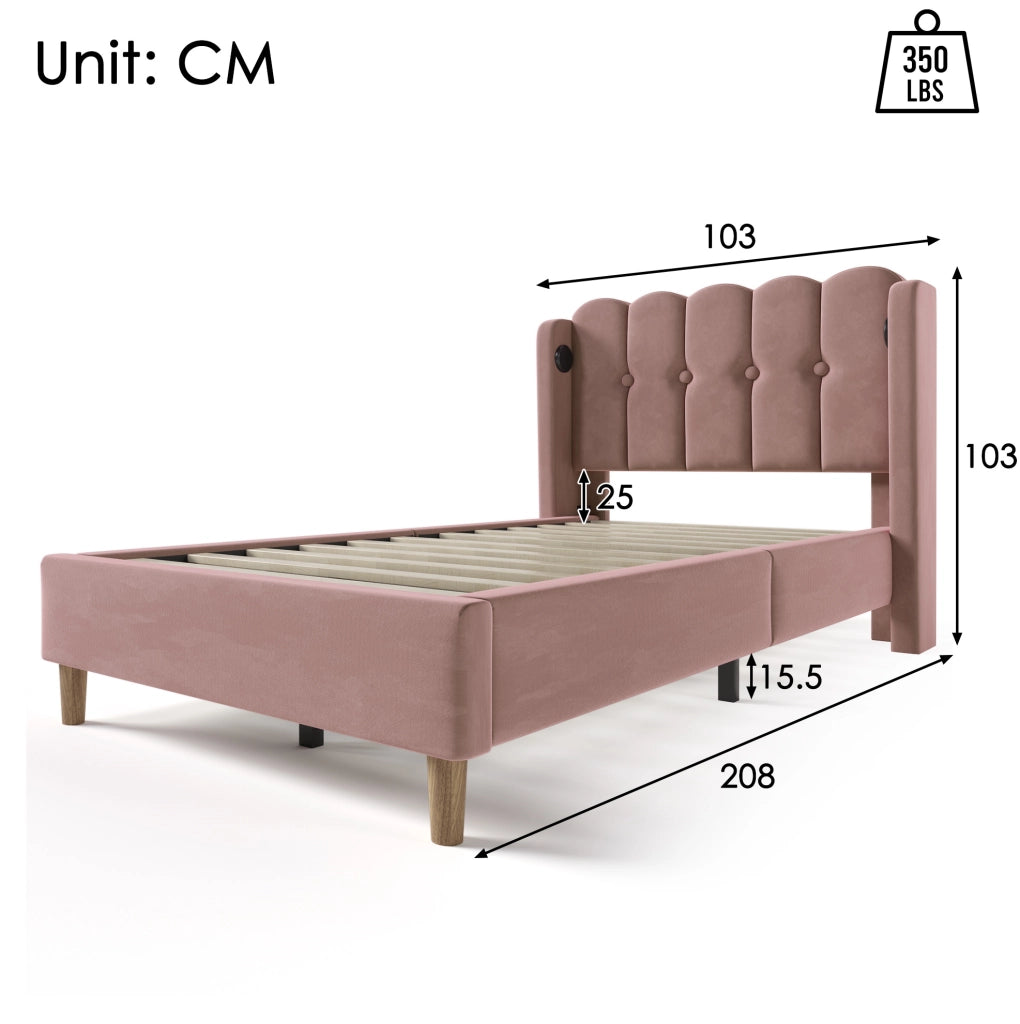Letto imbottito in velluto rosa 90x200 cm con USB e Type-C