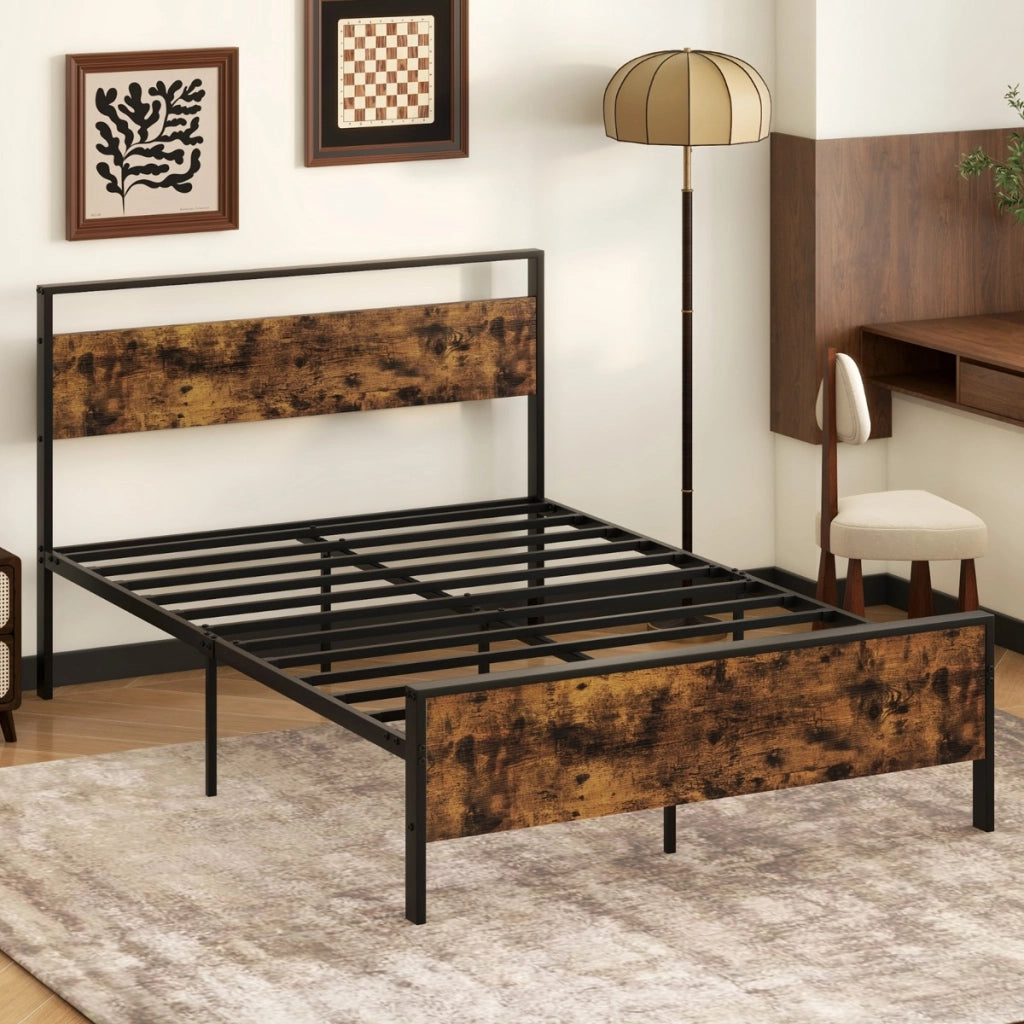 Struttura letto matrimoniale per materasso con doghe in metallo robusto, Struttura del letto in legno industriale Marrone-Letti e strutture
