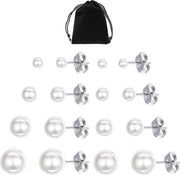 Set di 7 orecchini con perle artificiali nere in sacchetto di stoccaggio - orecchini ipoallergenici - orecchini femminili alla moda - adatti per uscire e per andare al lavoro - Perle di vetro bianche.